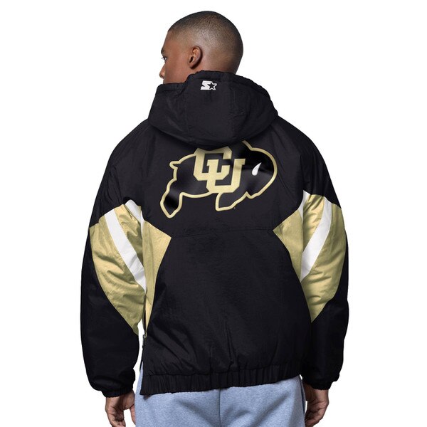 Back view of black CU Boulder Starter jacket showing large embroidered university logo centered on the back with gold and white sleeve accents, worn by a person.